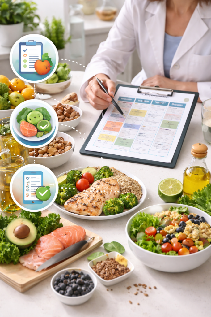 Plan de alimentación personalizado diseñado por una dietista según necesidades y objetivos específicos.